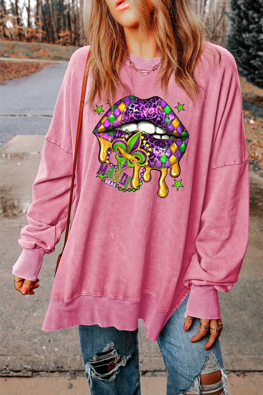 Mardi Gras Drop Shoulder Ribbed Trim Oversized Sweatshirt