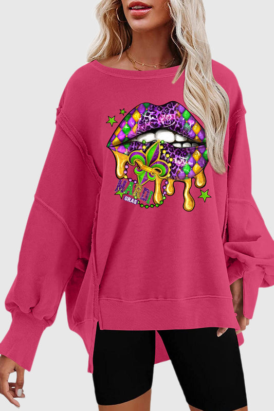 Mardi Gras Exposed Seam Drop Shoulder Slit High Low Hem Sweatshirt