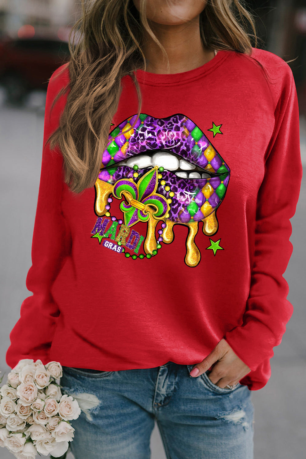Mardi Gras Round Neck Raglan Sleeve Sweatshirt