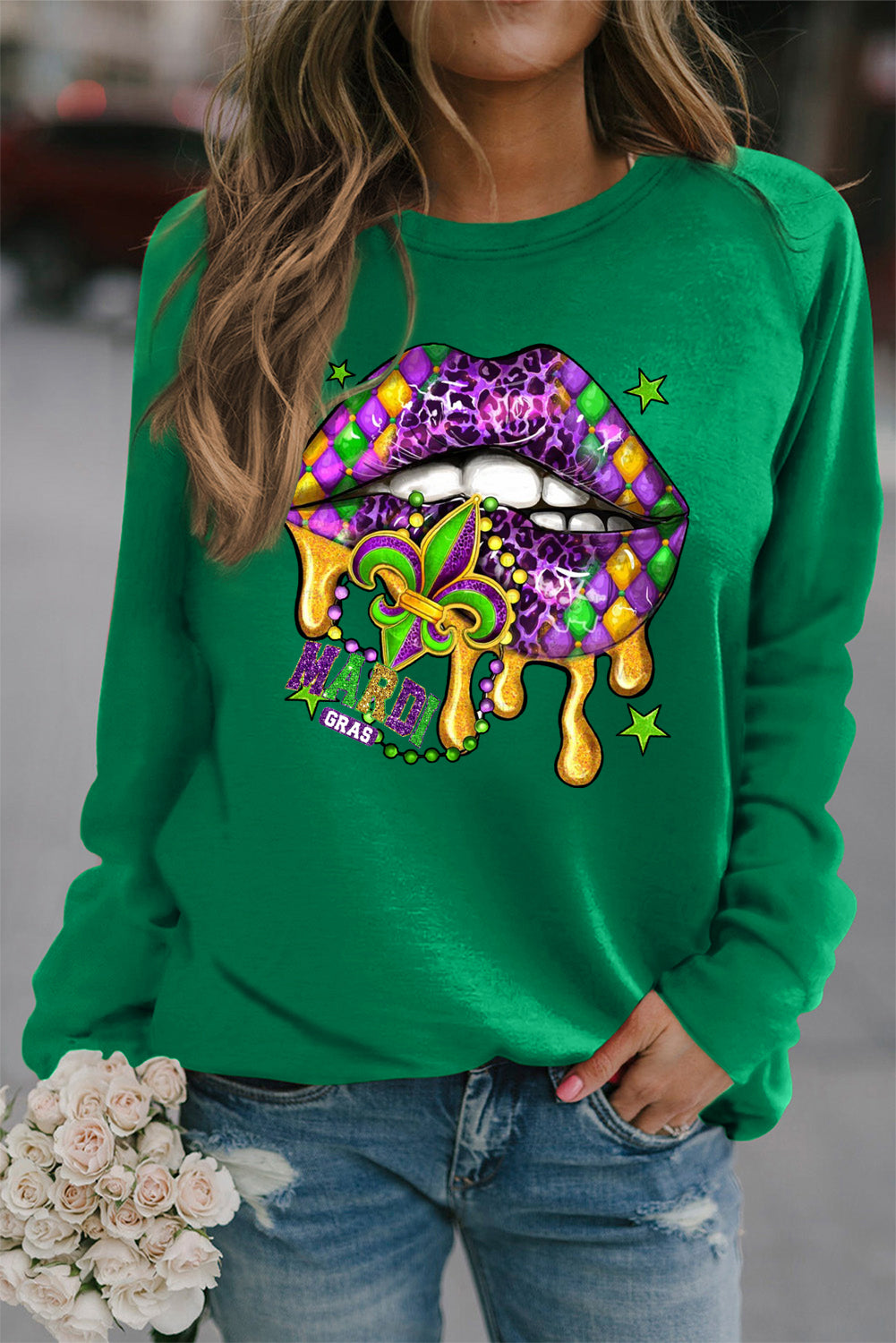 Mardi Gras Round Neck Raglan Sleeve Sweatshirt