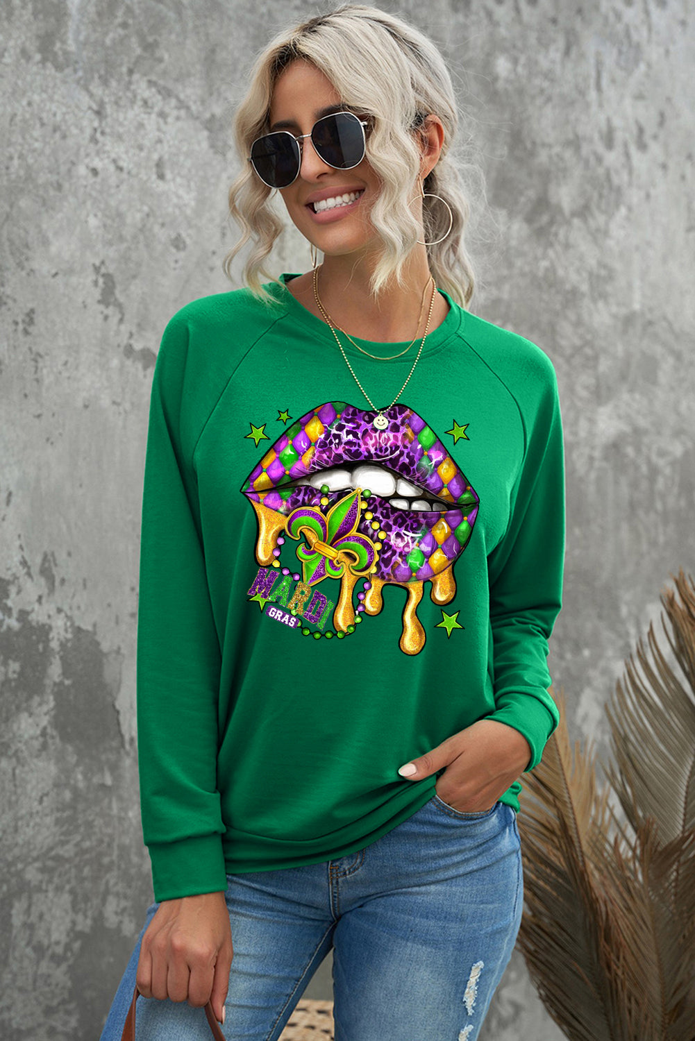 Mardi Gras Round Neck Raglan Sleeve Sweatshirt