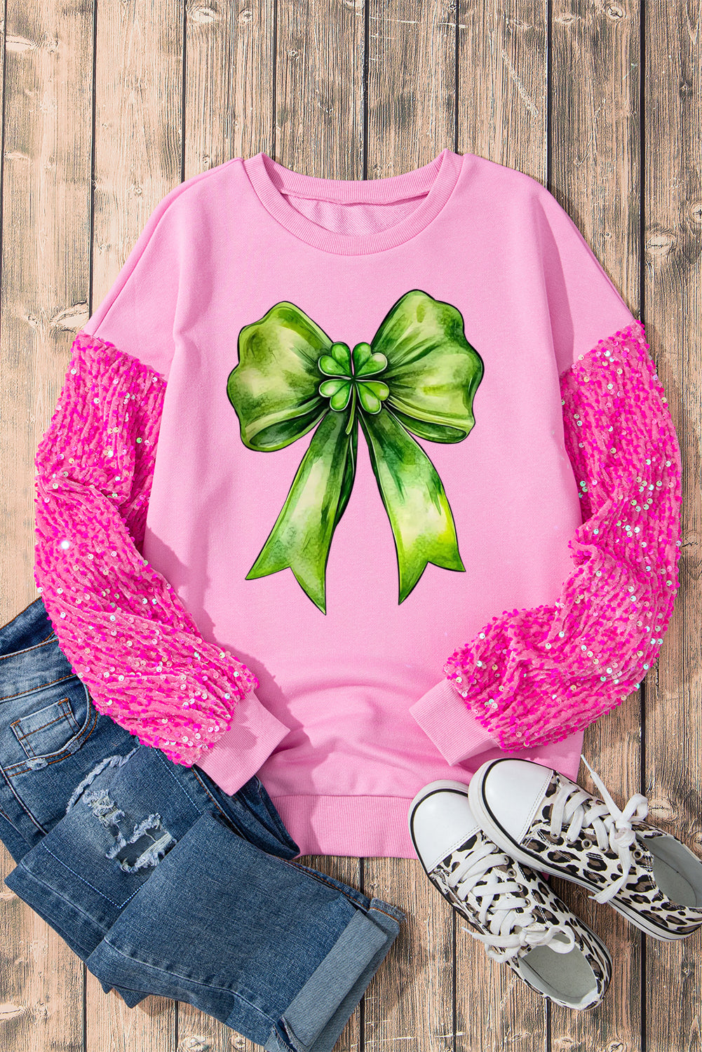 St. Patrick's Day Bow Sequin Patchwork Long Sleeve Pullover Sweatshirt
