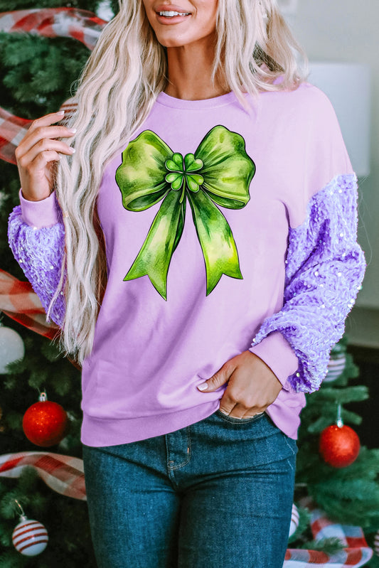 St. Patrick's Day Bow Sequin Patchwork Long Sleeve Pullover Sweatshirt