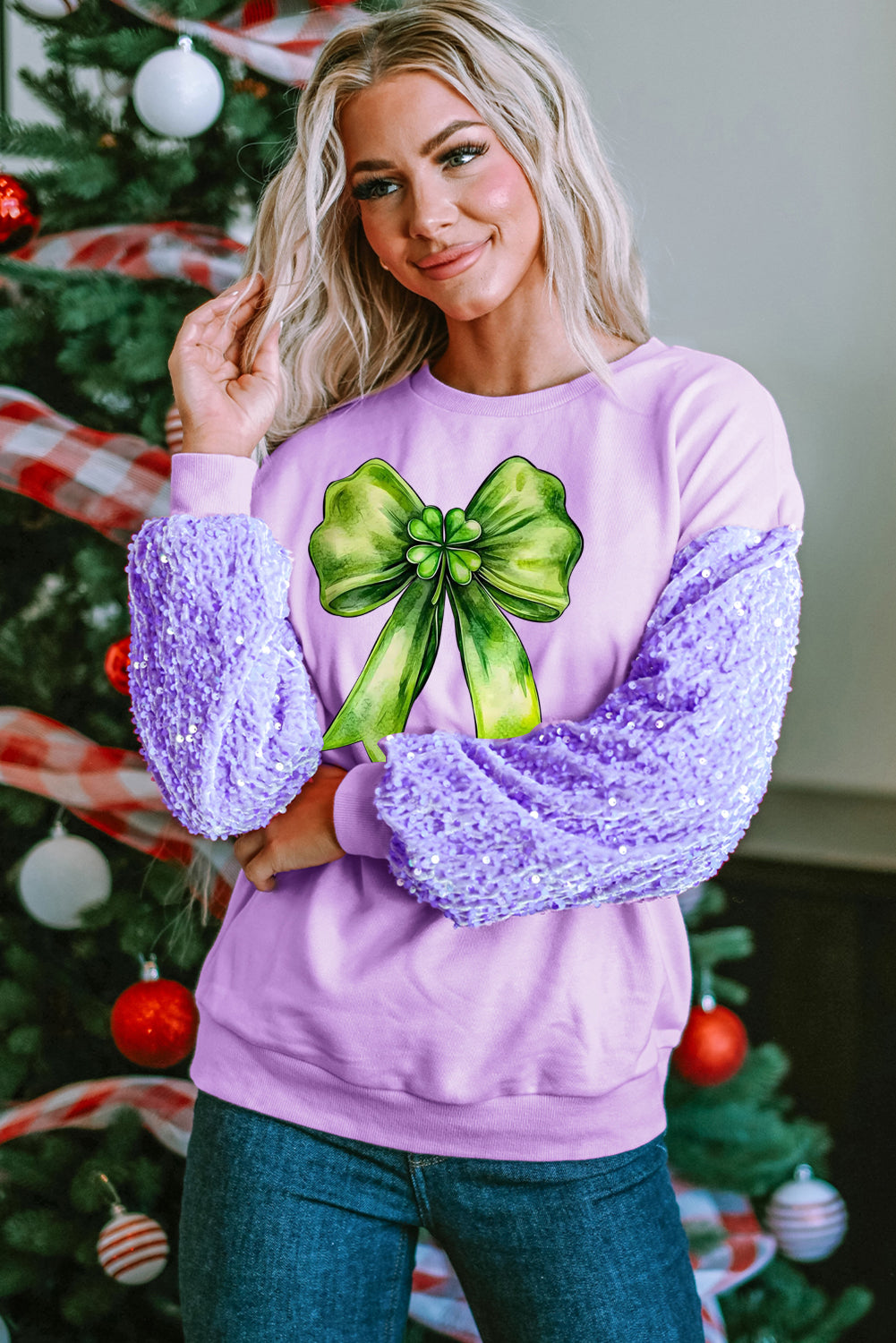 St. Patrick's Day Bow Sequin Patchwork Long Sleeve Pullover Sweatshirt