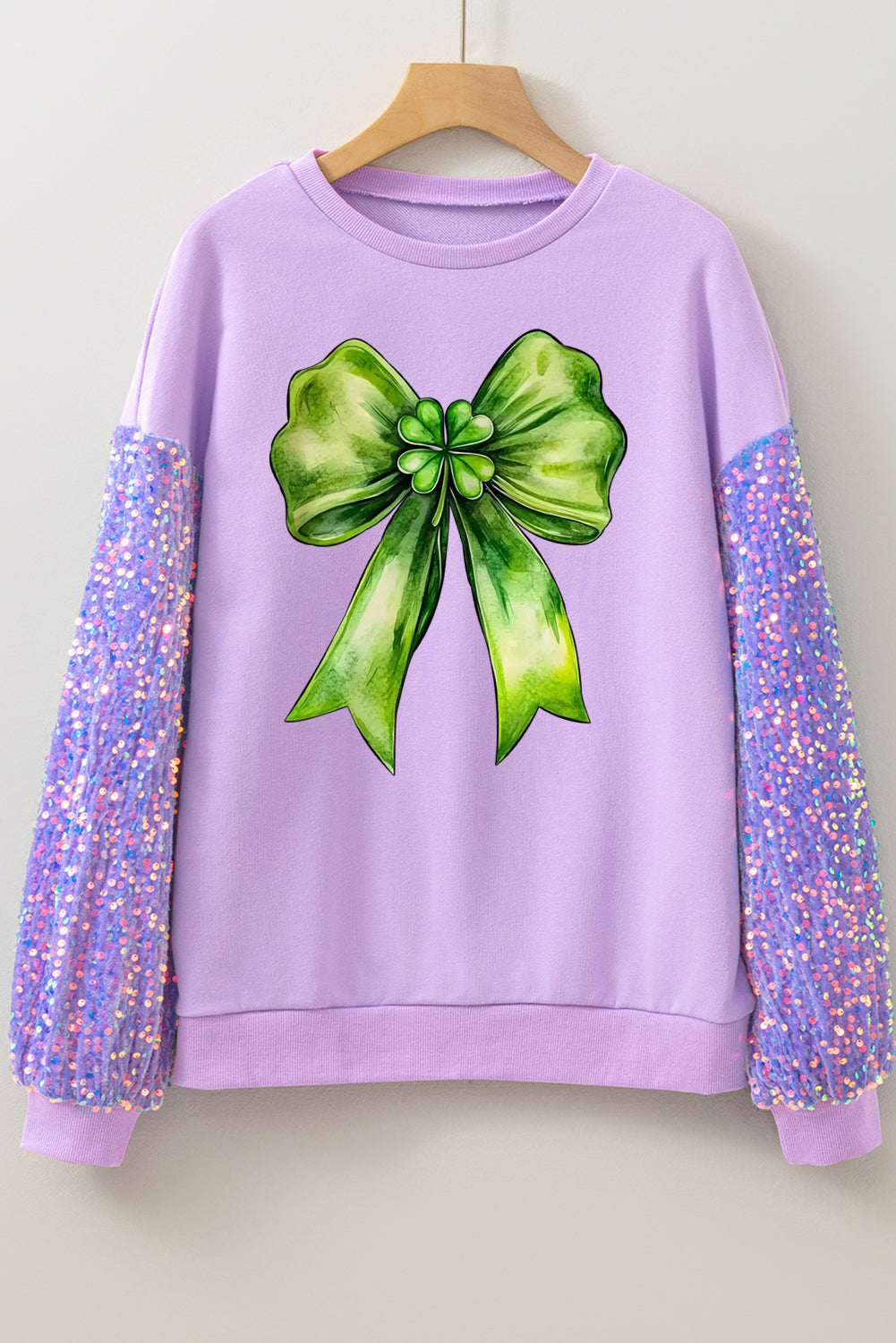 St. Patrick's Day Bow Sequin Patchwork Long Sleeve Pullover Sweatshirt