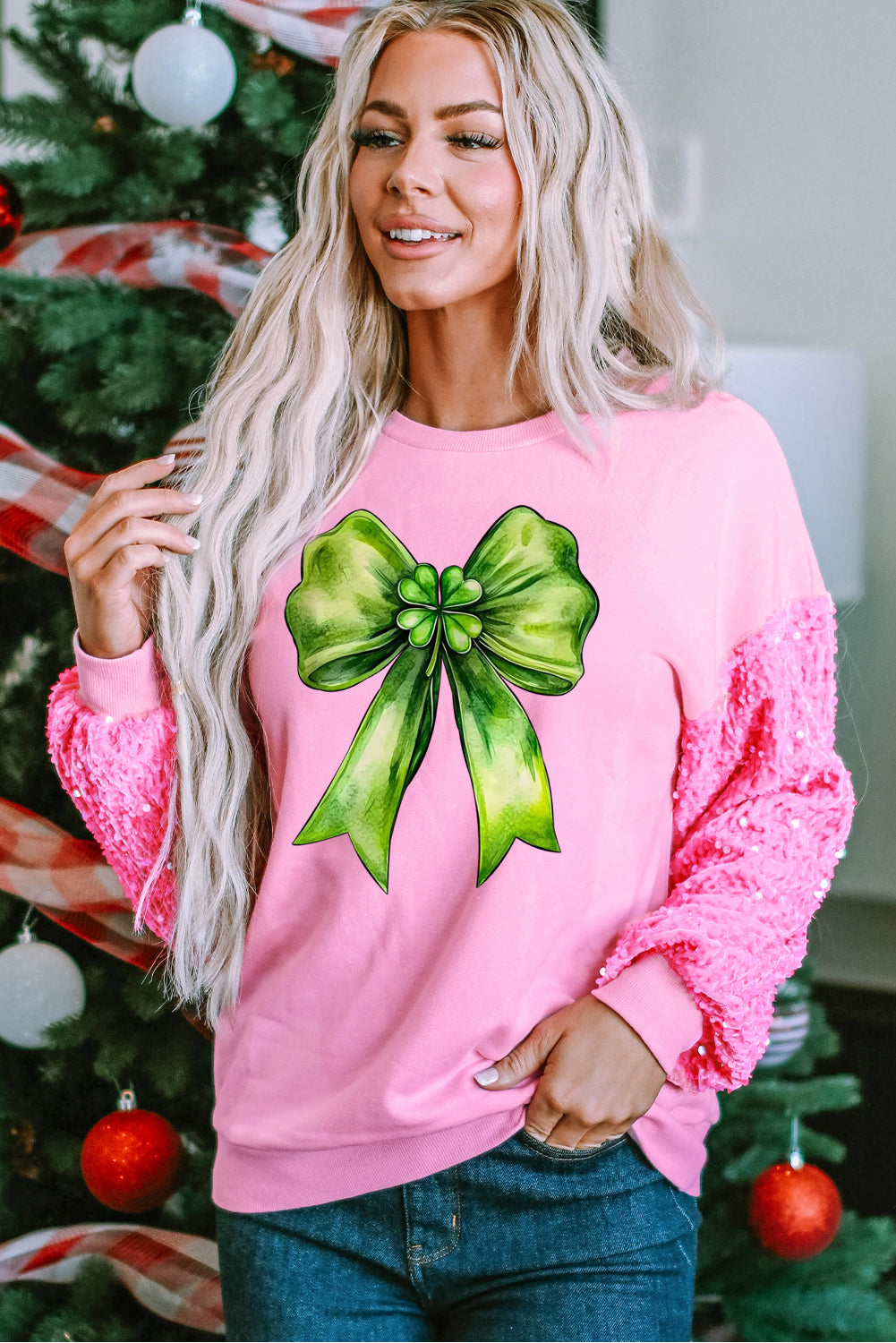 St. Patrick's Day Bow Sequin Patchwork Long Sleeve Pullover Sweatshirt