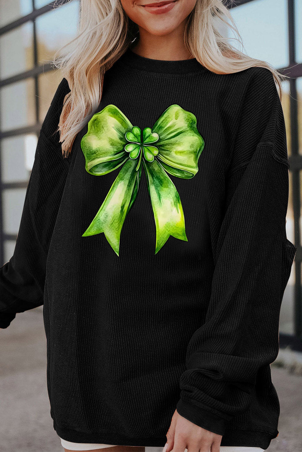 St. Patrick's Day Bow Pattern Ribbed Corduroy Oversized Sweatshirt