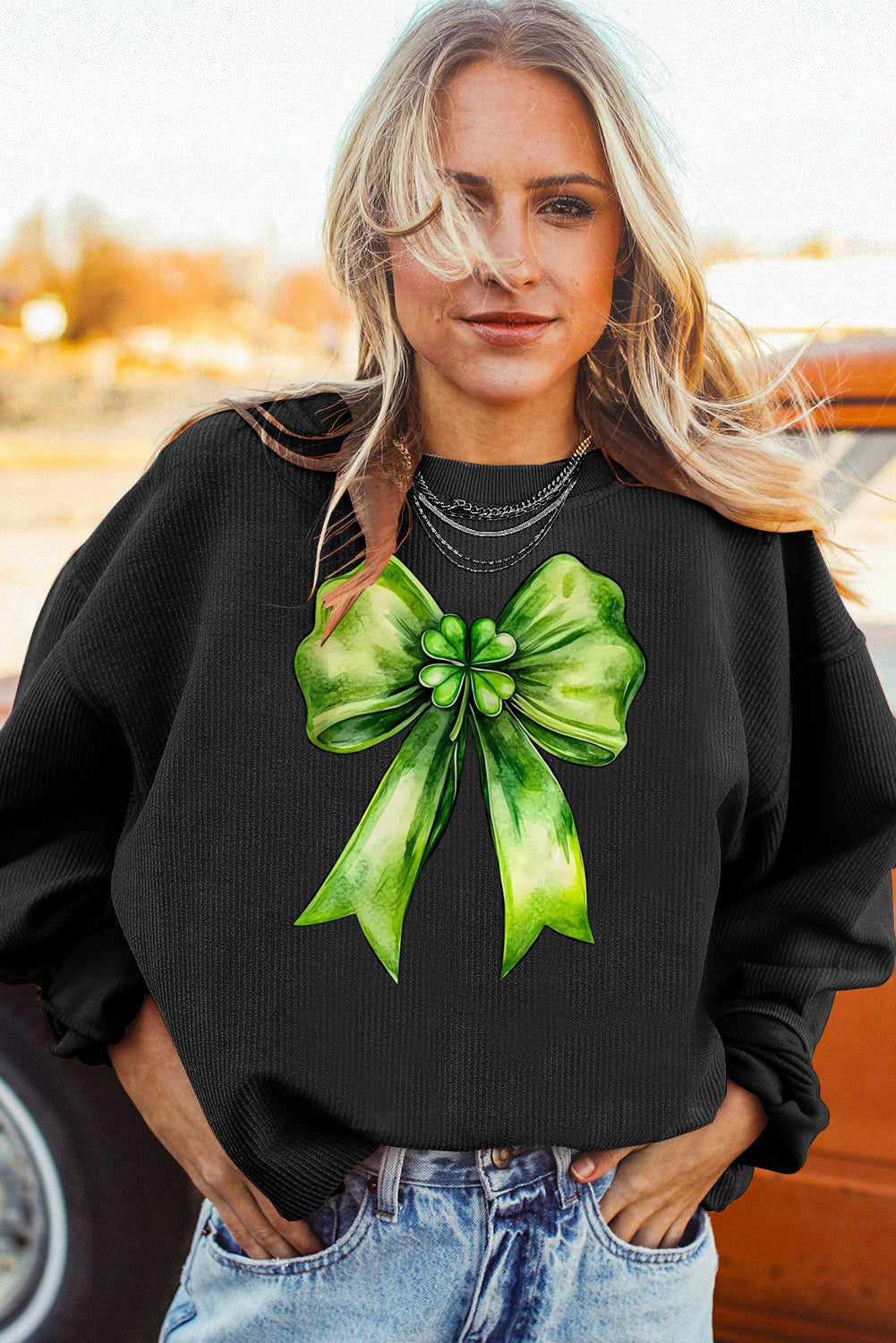 St. Patrick's Day Bow Pattern Ribbed Corduroy Oversized Sweatshirt