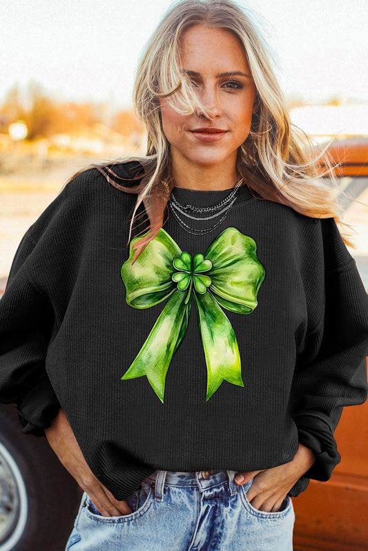 St. Patrick's Day Bow Pattern Ribbed Corduroy Oversized Sweatshirt
