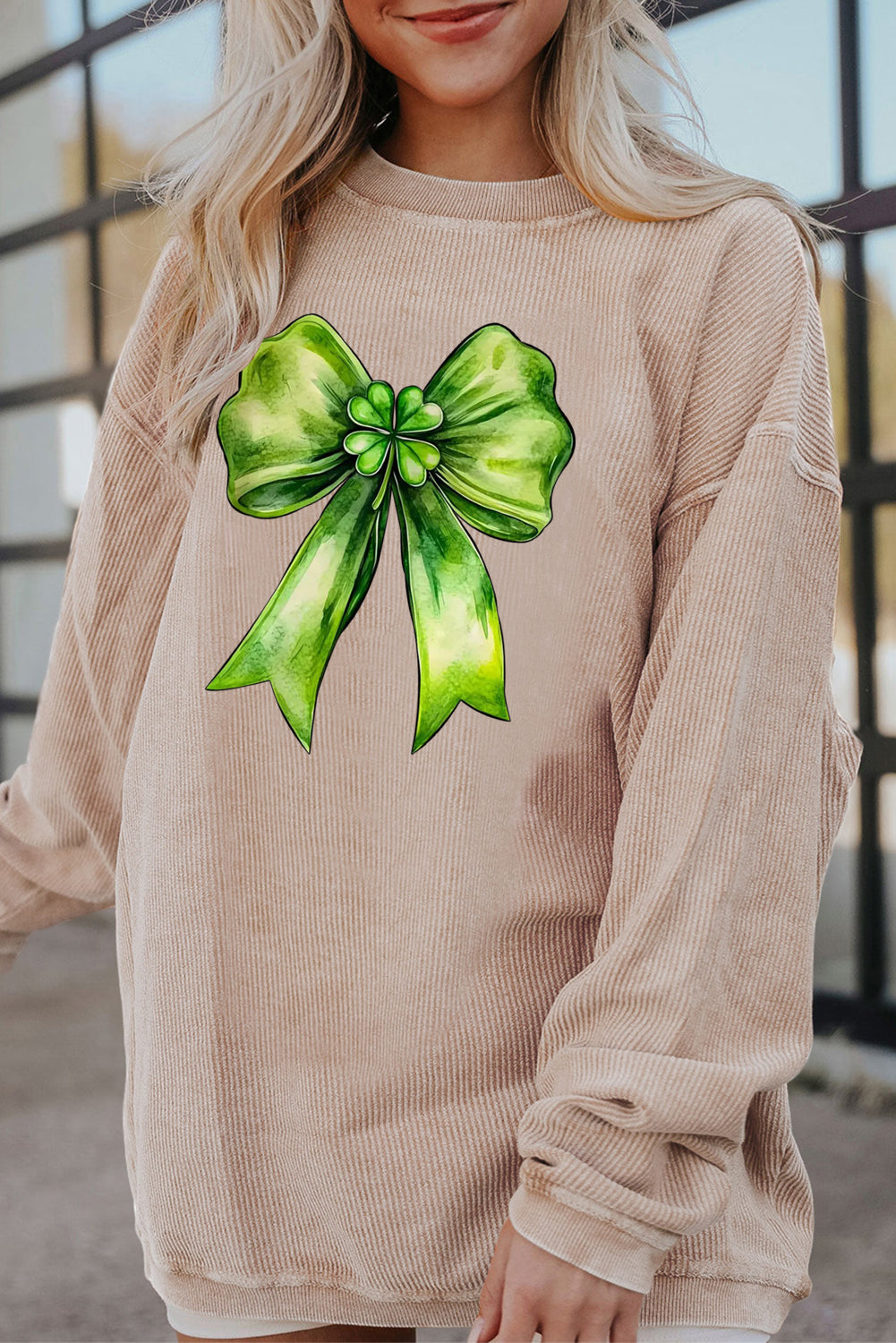 St. Patrick's Day Bow Pattern Ribbed Corduroy Oversized Sweatshirt