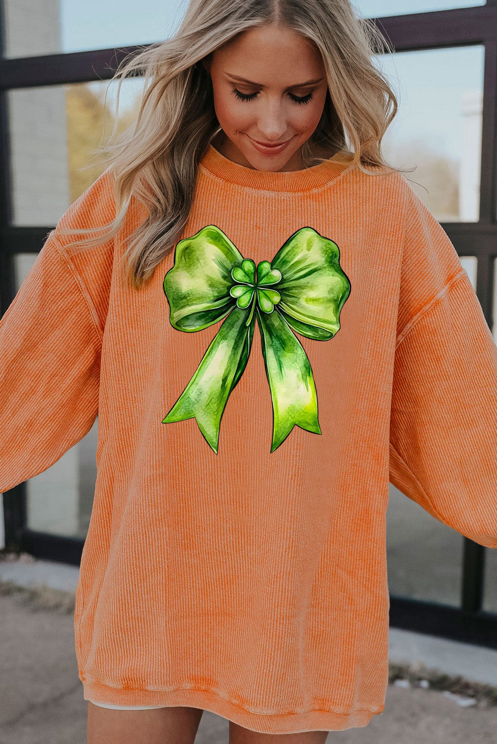 St. Patrick's Day Bow Pattern Ribbed Corduroy Oversized Sweatshirt