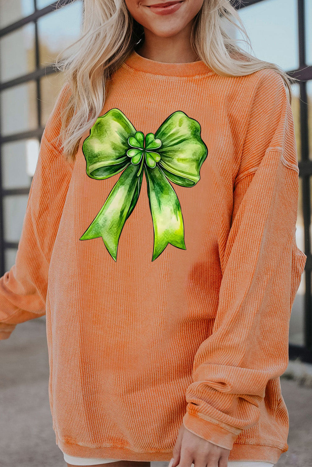 St. Patrick's Day Bow Pattern Ribbed Corduroy Oversized Sweatshirt