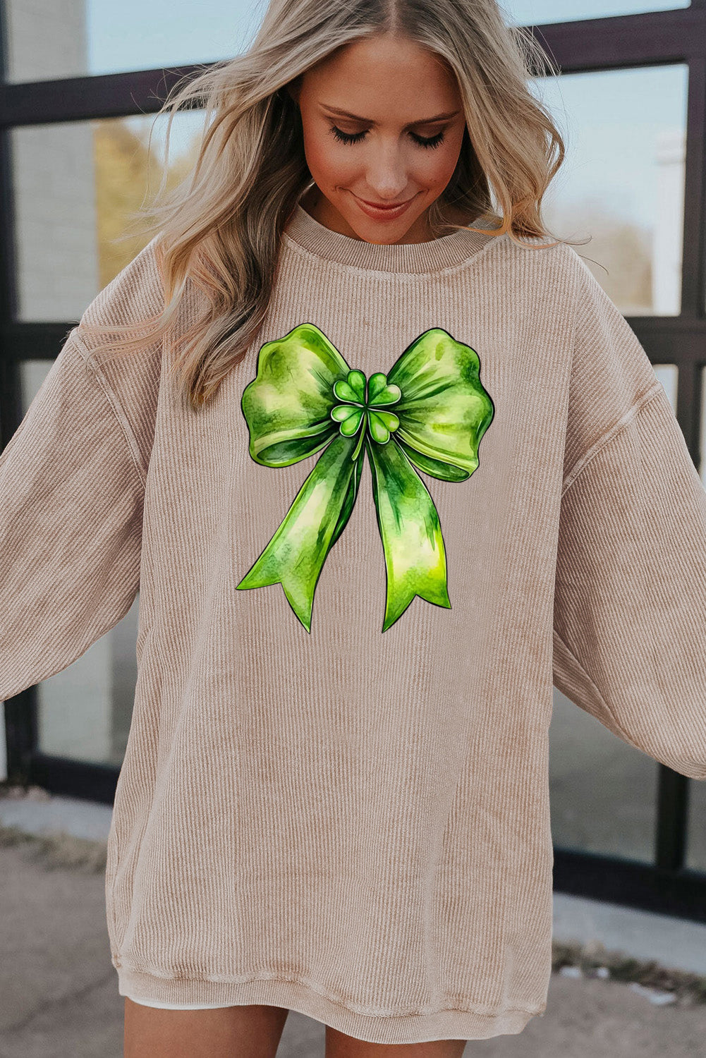 St. Patrick's Day Bow Pattern Ribbed Corduroy Oversized Sweatshirt