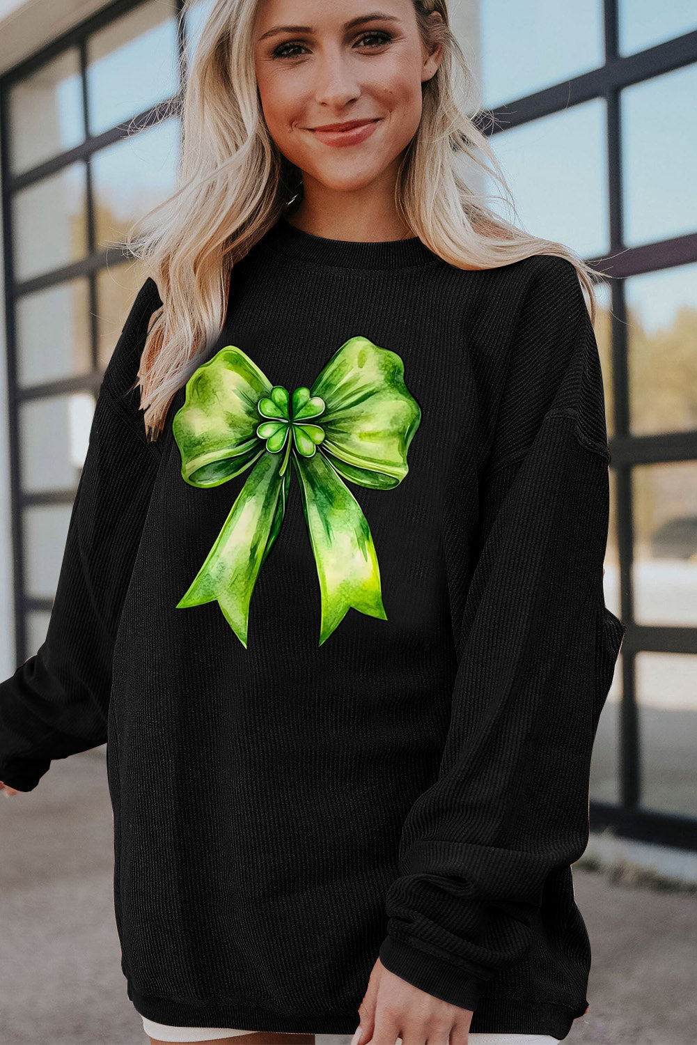 St. Patrick's Day Bow Pattern Ribbed Corduroy Oversized Sweatshirt