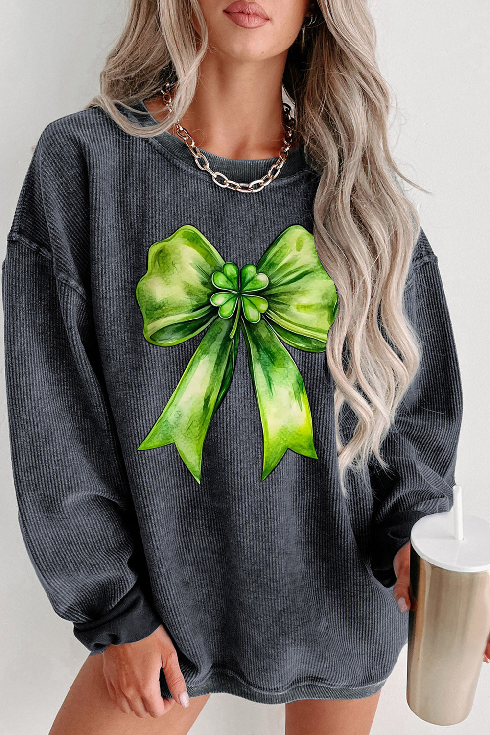 St. Patrick's Day Bow Pattern Crew Neck Knit Sweatshirt