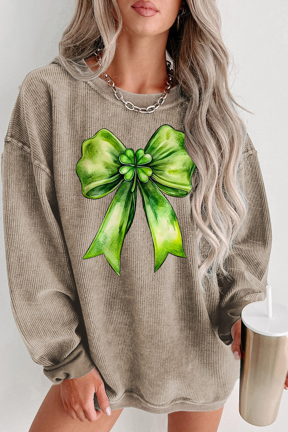 St. Patrick's Day Bow Pattern Crew Neck Knit Sweatshirt
