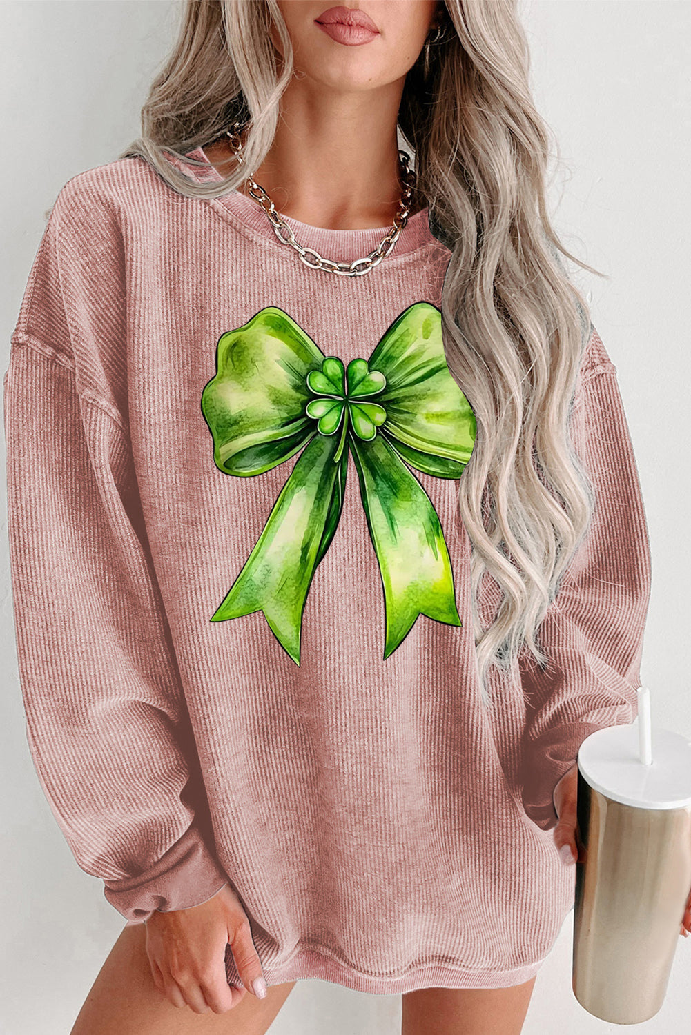 St. Patrick's Day Bow Pattern Crew Neck Knit Sweatshirt