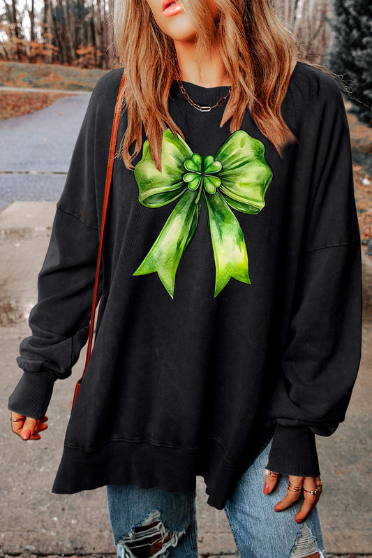 St. Patrick's Day Bow Oversized Drop Shoulder Ribbed Sweatshirt