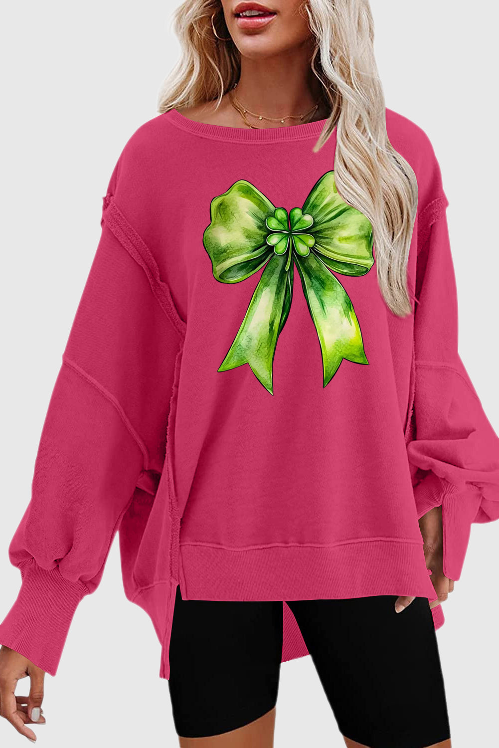 St. Patrick's Day Bow Pattern Drop Shoulder Pullover Sweatshirt