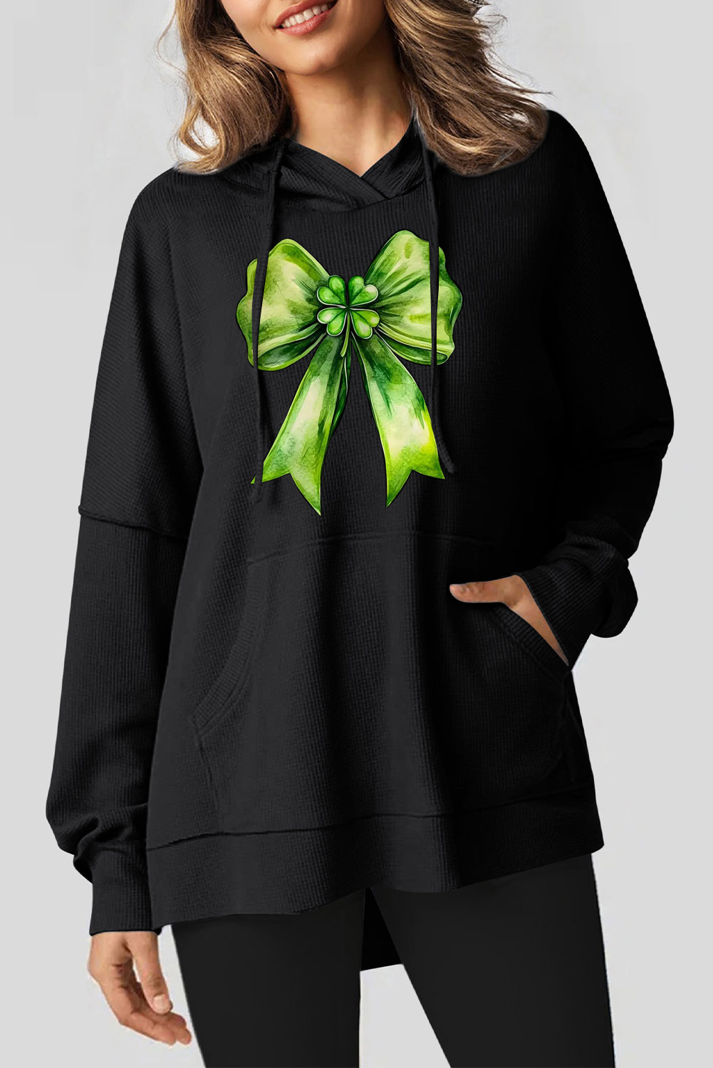 St. Patrick's Day Waffle Knit Bow Pattern Hoodie