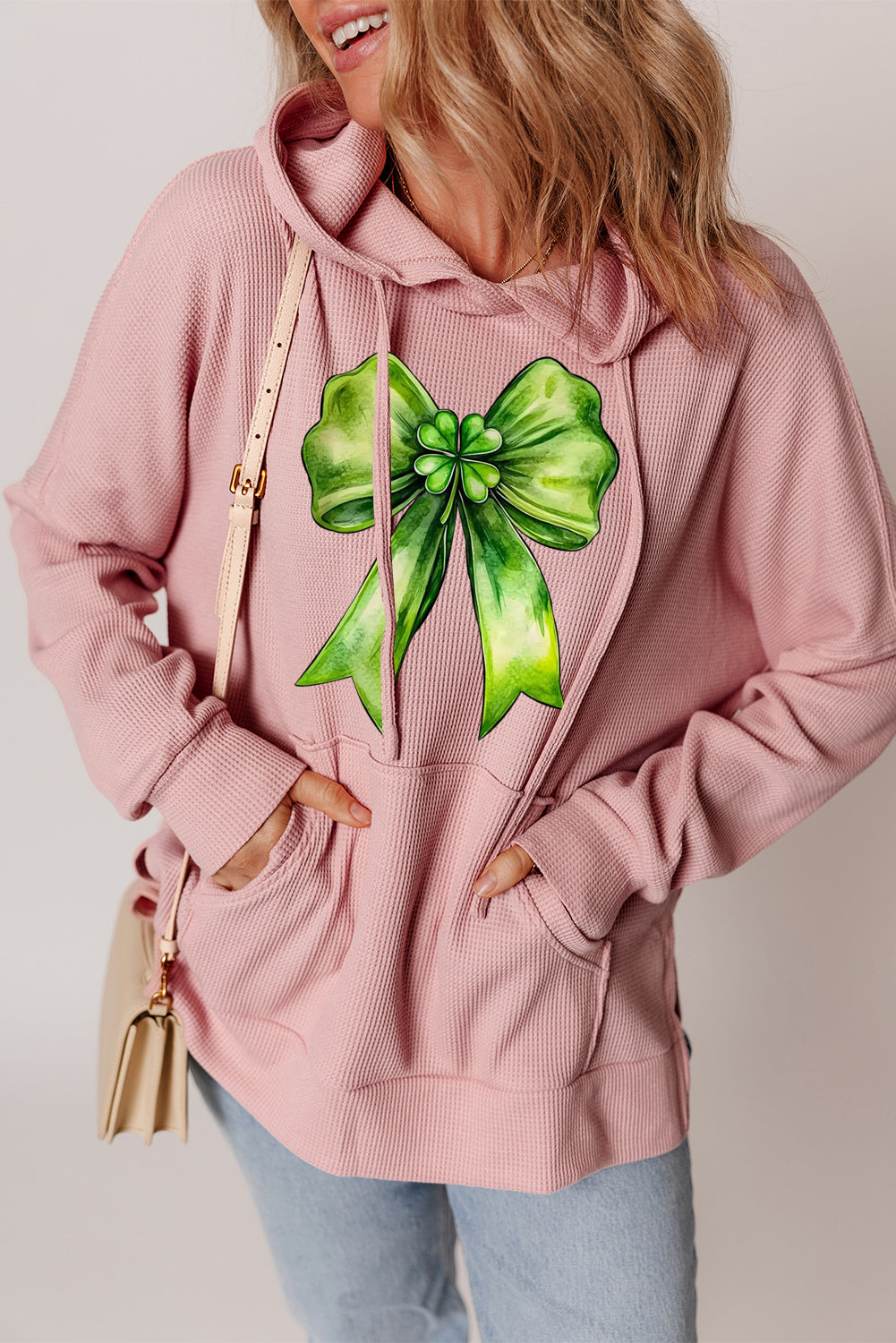 St. Patrick's Day Waffle Knit Bow Pattern Hoodie