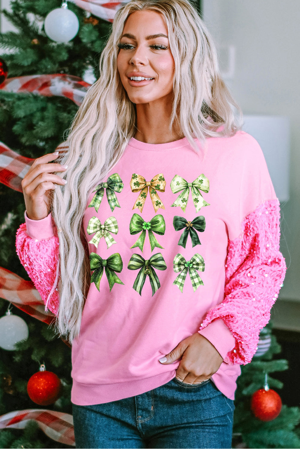 St Patrick Bow Graphic Sequin Patchwork Long Sleeve Pullover Top