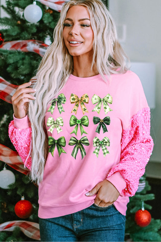 St Patrick Bow Graphic Sequin Patchwork Long Sleeve Pullover Top
