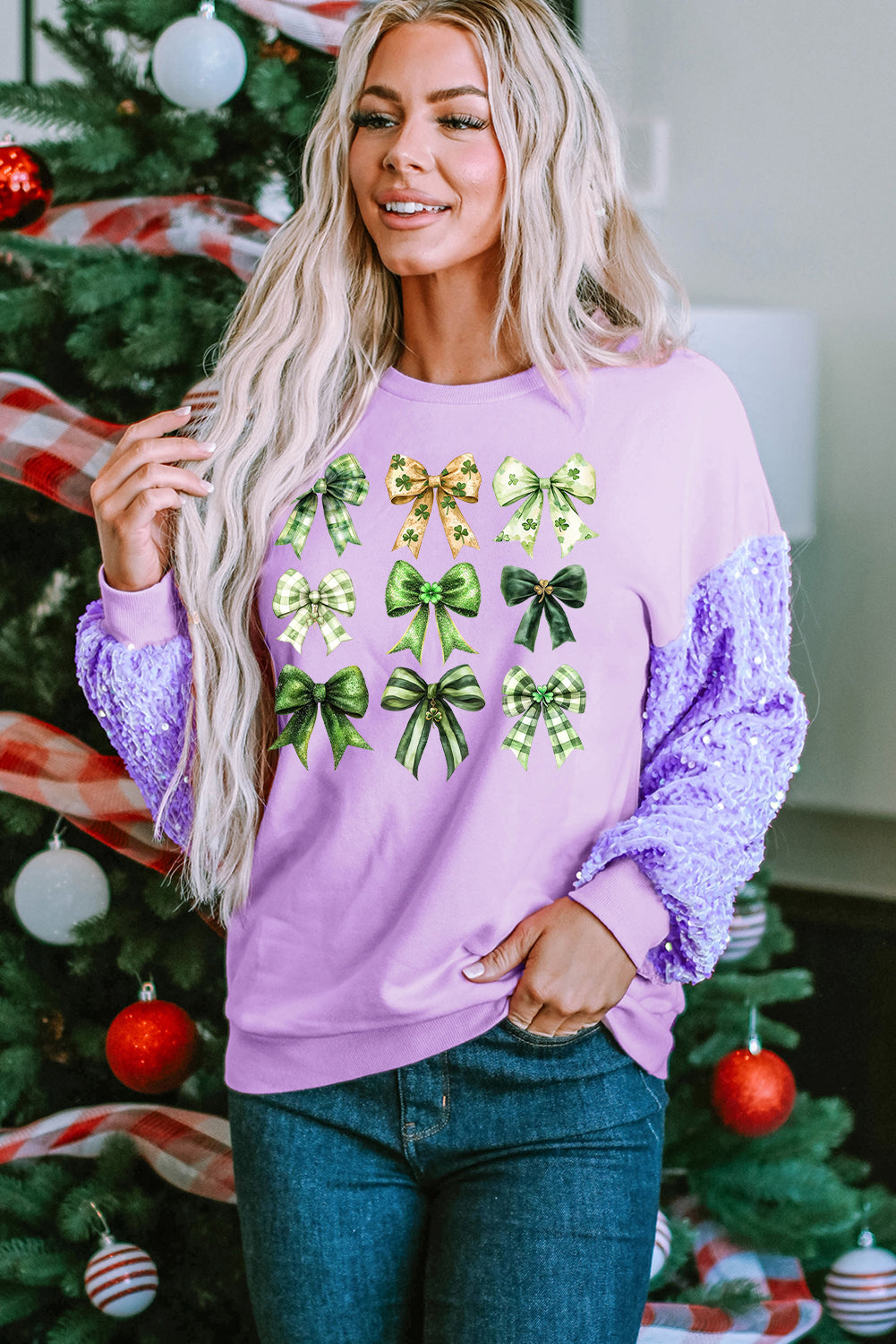 St Patrick Bow Graphic Sequin Patchwork Long Sleeve Pullover Top