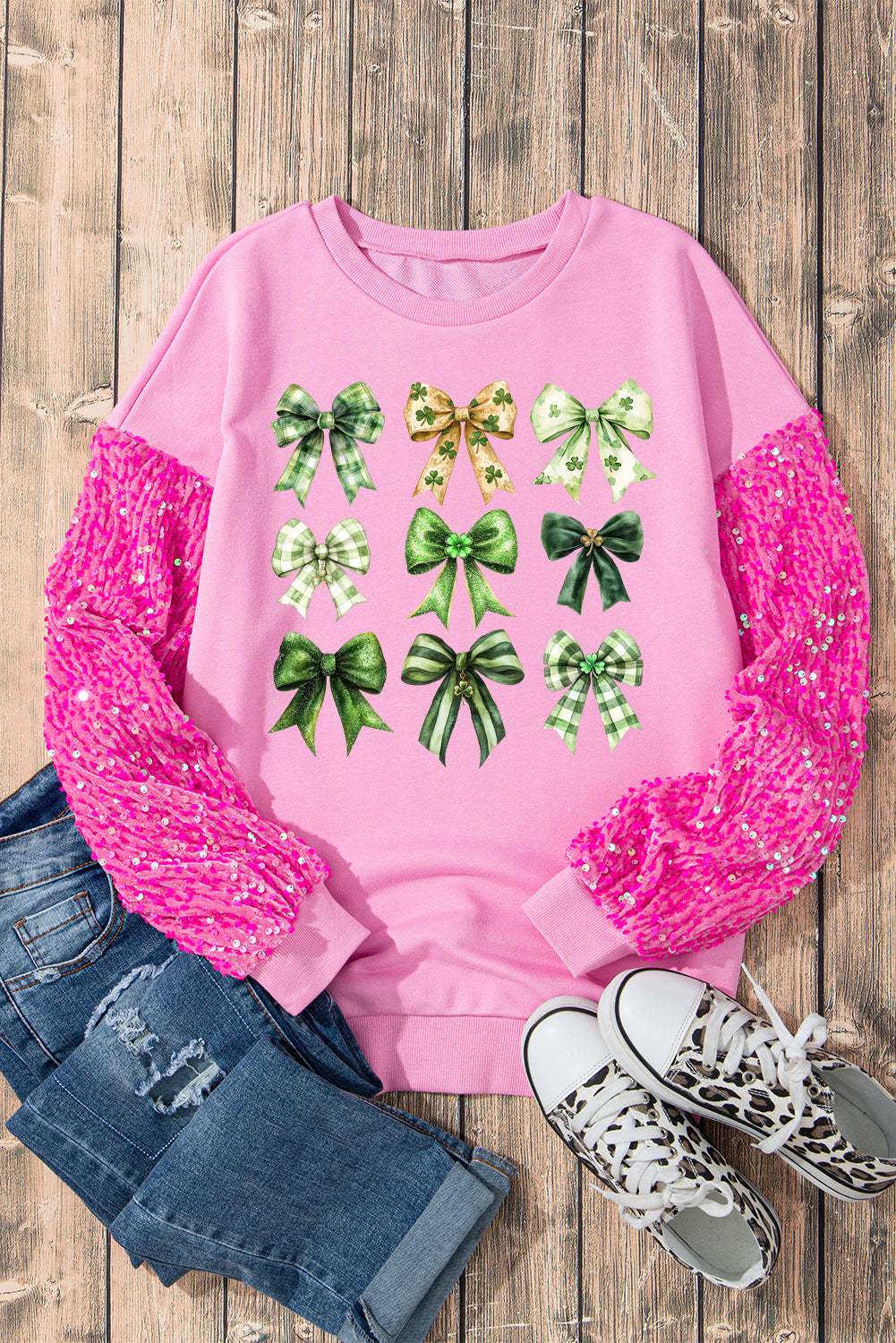St Patrick Bow Graphic Sequin Patchwork Long Sleeve Pullover Top