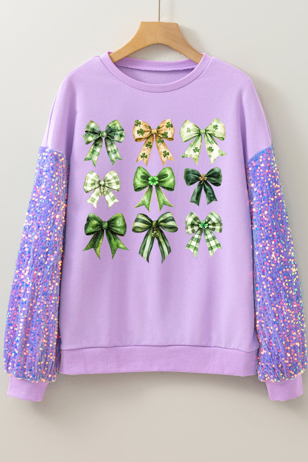 St Patrick Bow Graphic Sequin Patchwork Long Sleeve Pullover Top