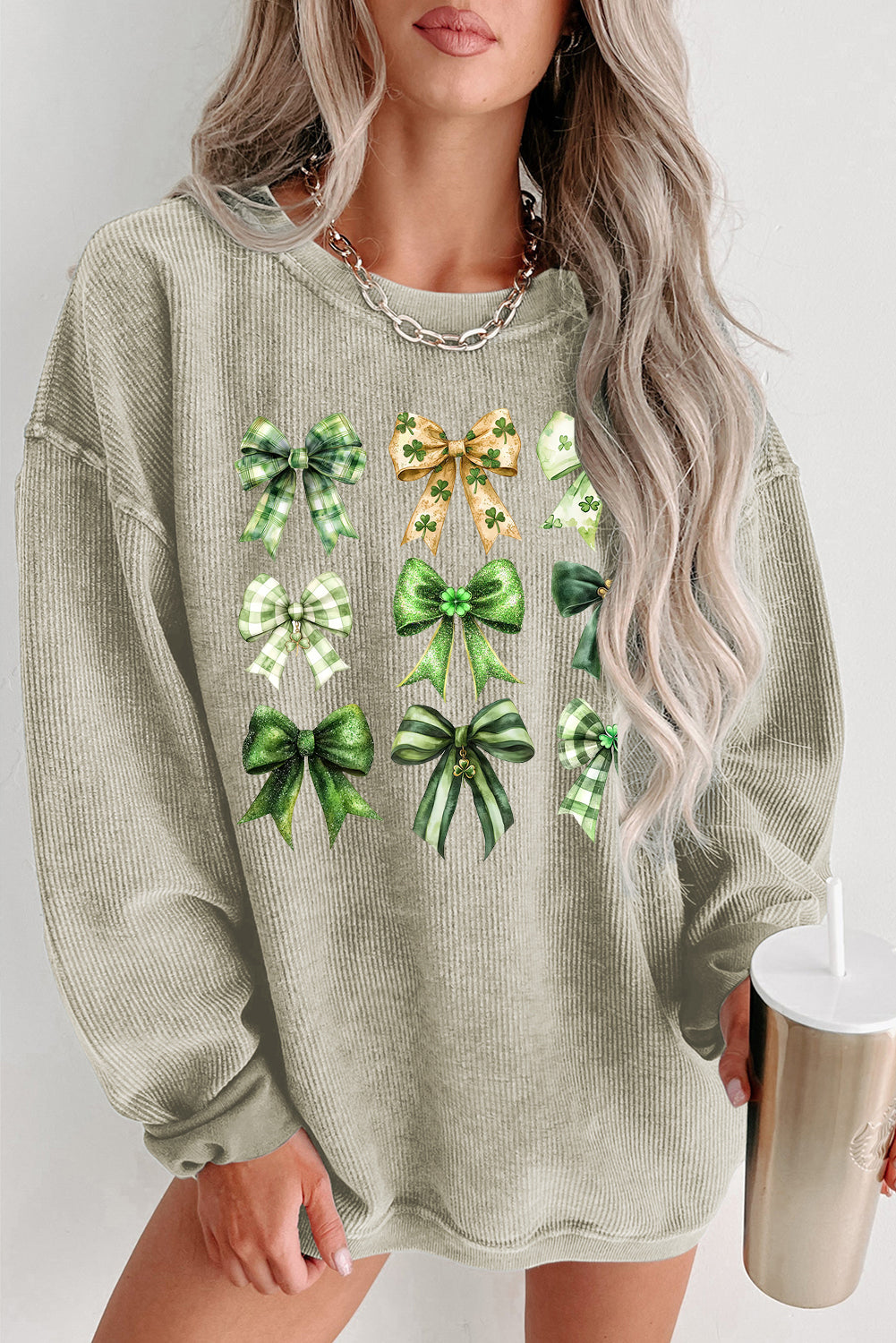 St Patrick Bow Graphic Ribbed Knit Round Neck Pullover Sweatshirt