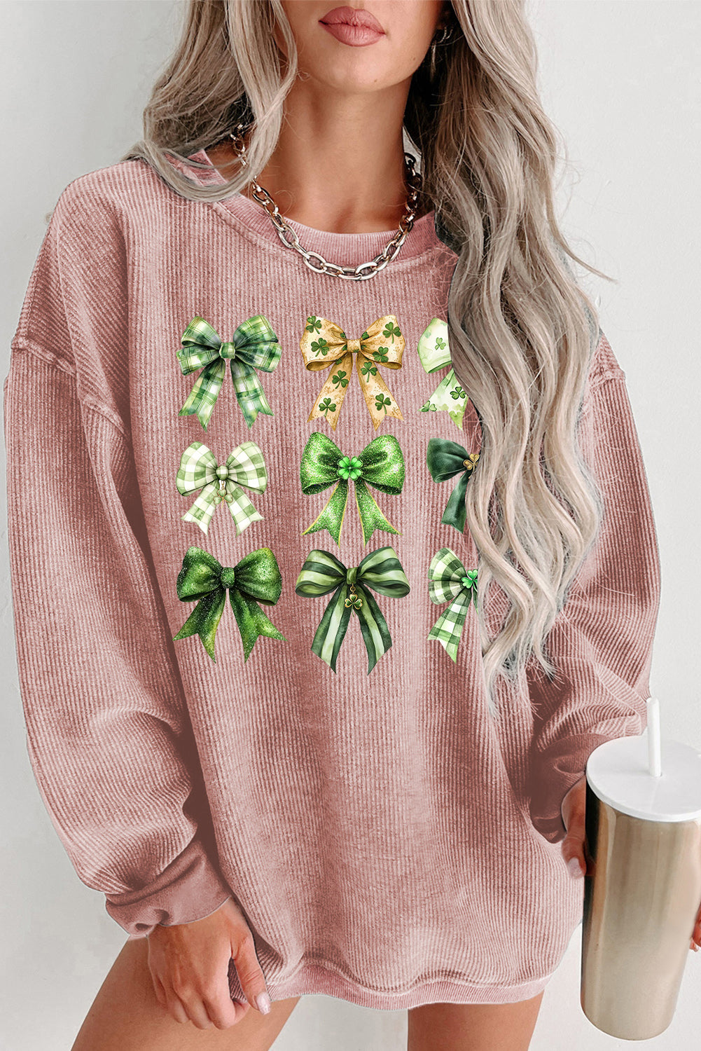 St Patrick Bow Graphic Ribbed Knit Round Neck Pullover Sweatshirt