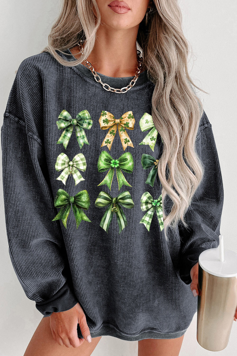 St Patrick Bow Graphic Ribbed Knit Round Neck Pullover Sweatshirt