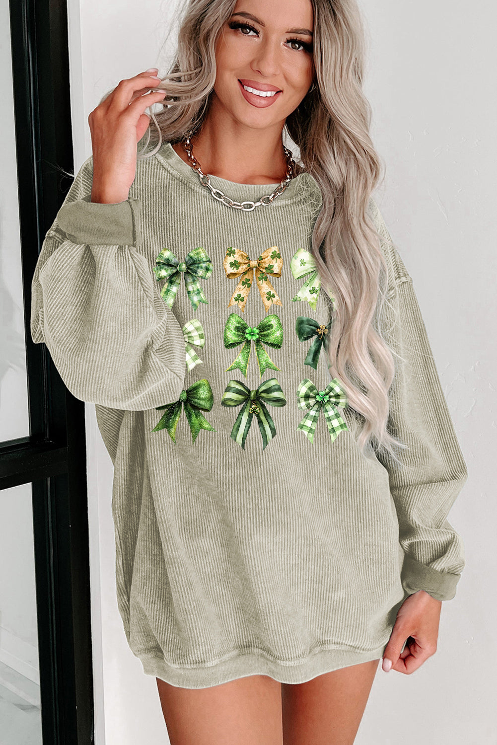 St Patrick Bow Graphic Ribbed Knit Round Neck Pullover Sweatshirt