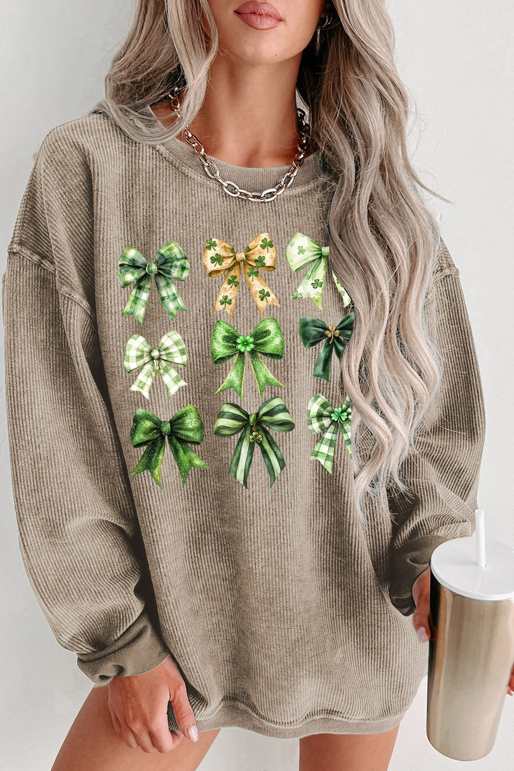 St Patrick Bow Graphic Ribbed Knit Round Neck Pullover Sweatshirt
