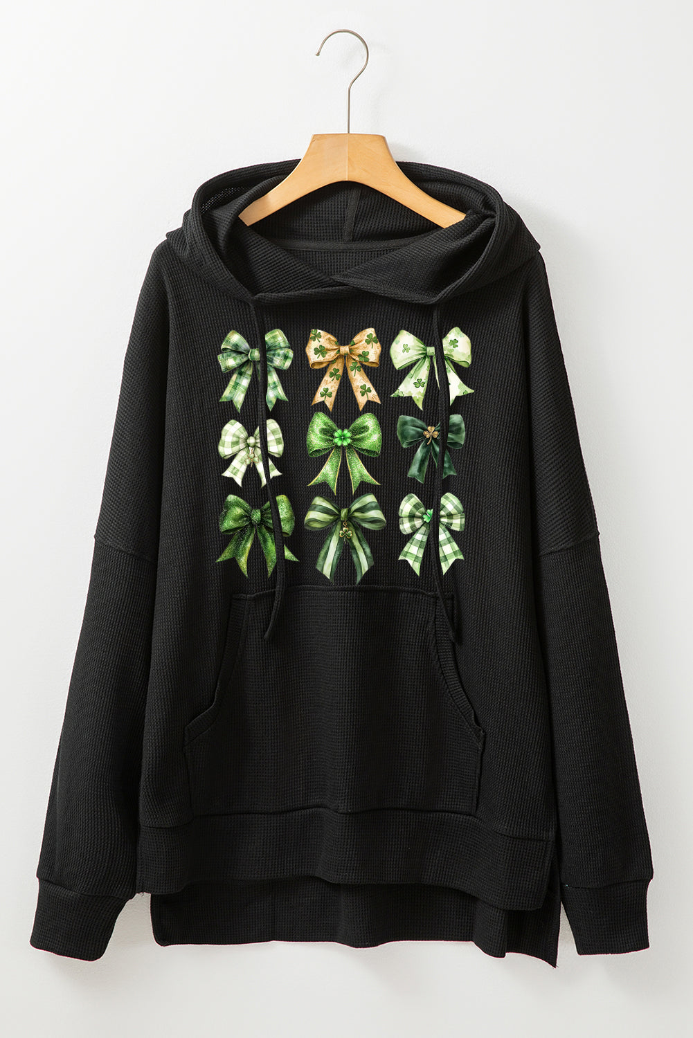 St Patrick Bow Waffle Knit Fleece Lined High Low Oversized Hoodie