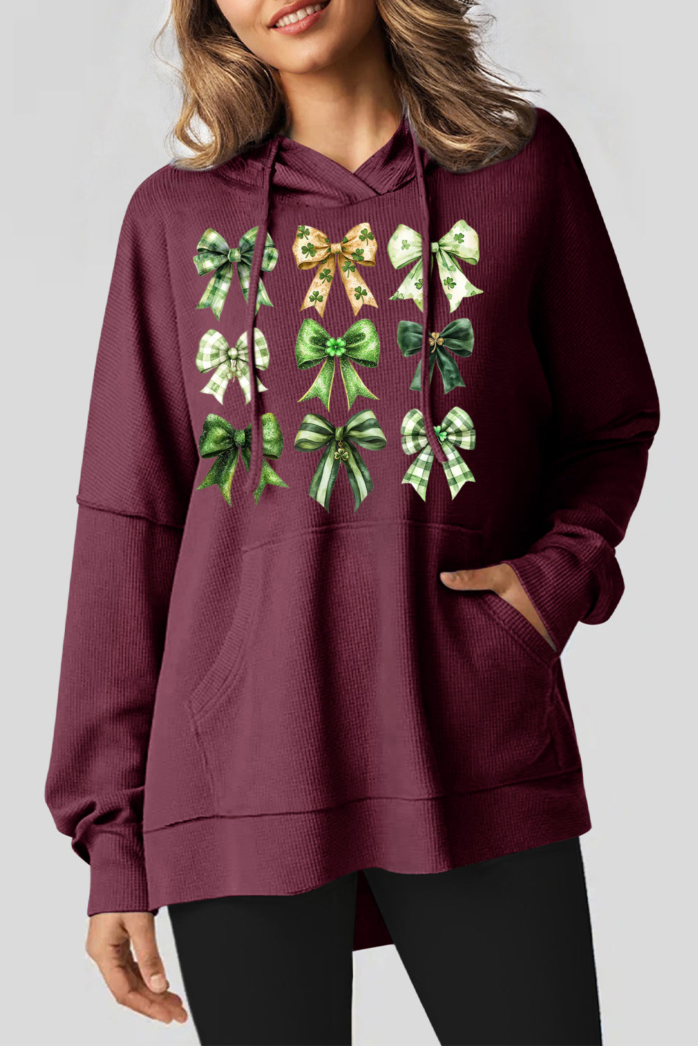 St Patrick Bow Waffle Knit Fleece Lined High Low Oversized Hoodie