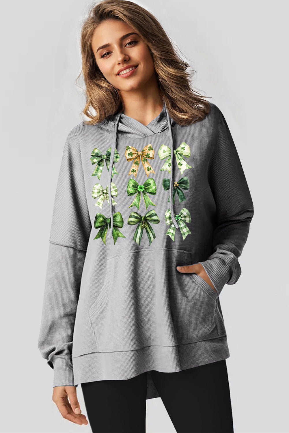 St Patrick Bow Waffle Knit Fleece Lined High Low Oversized Hoodie