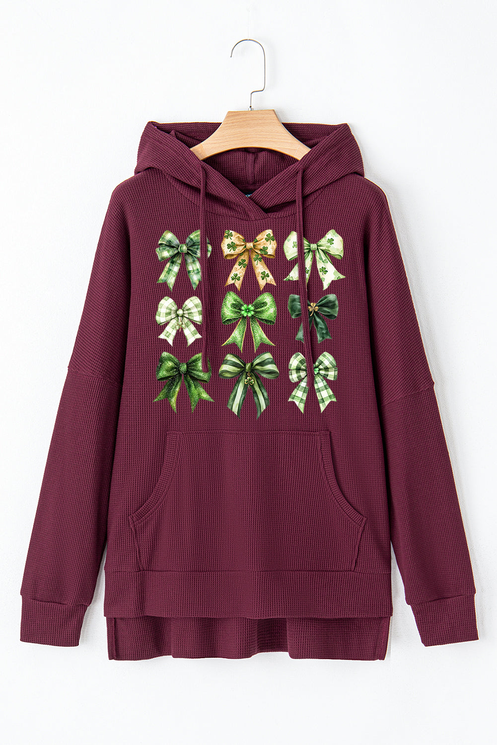 St Patrick Bow Waffle Knit Fleece Lined High Low Oversized Hoodie