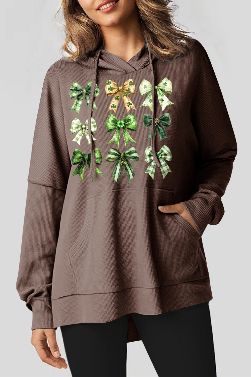 St Patrick Bow Waffle Knit Fleece Lined High Low Oversized Hoodie