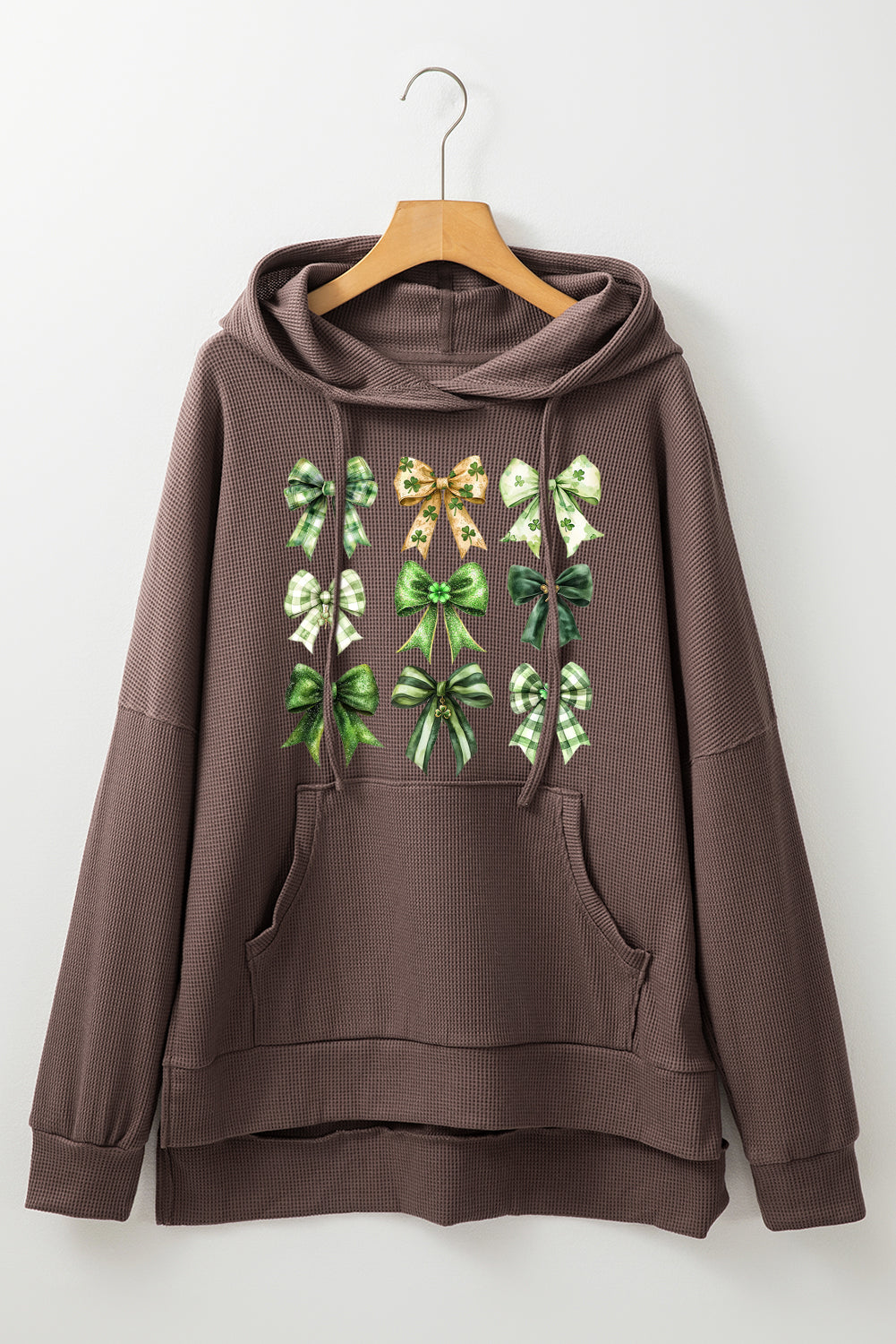 St Patrick Bow Waffle Knit Fleece Lined High Low Oversized Hoodie