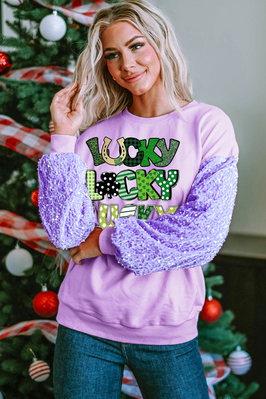 St. Patrick's Day Sequin Patchwork Long Sleeve Pullover Top