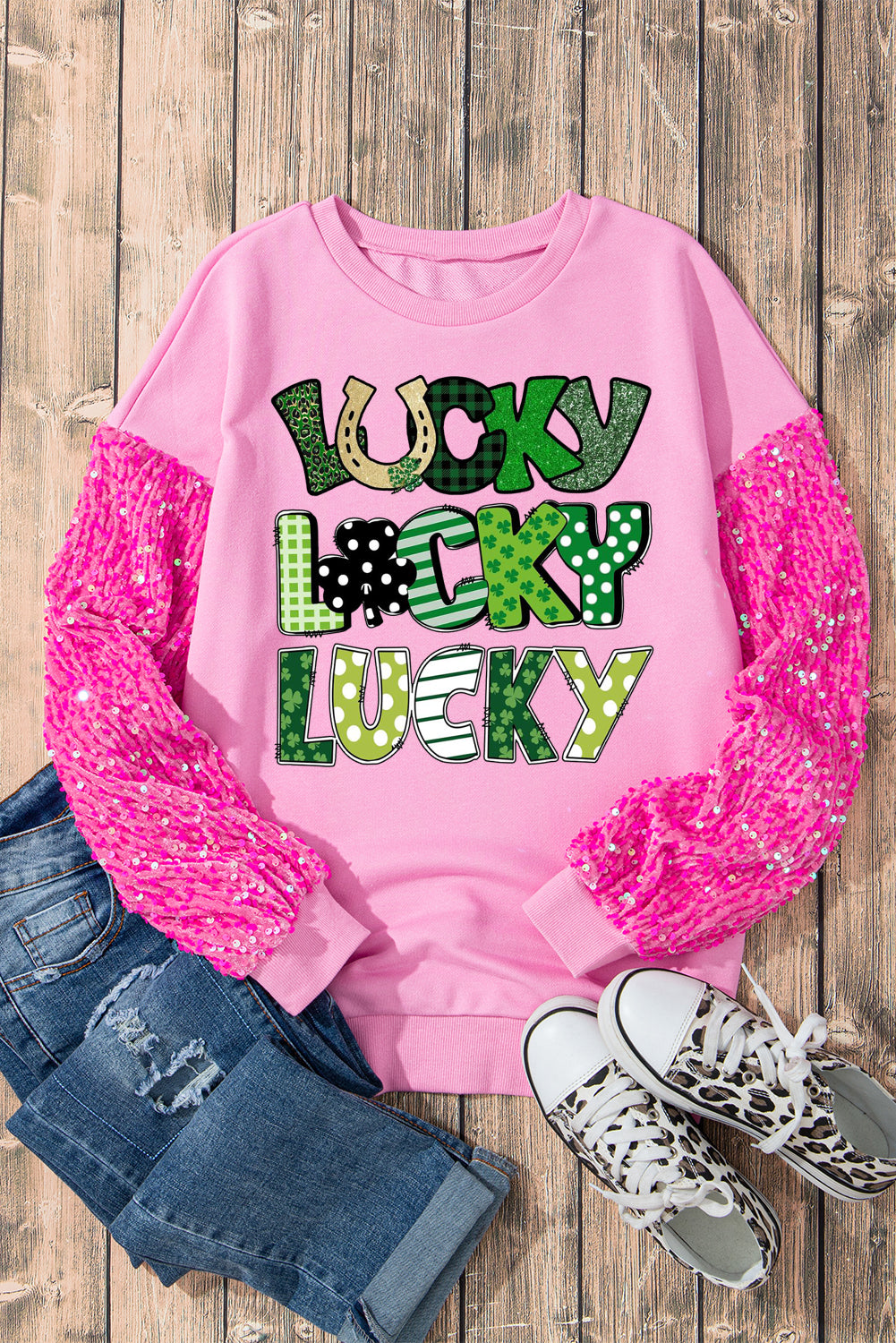 St. Patrick's Day Sequin Patchwork Long Sleeve Pullover Top