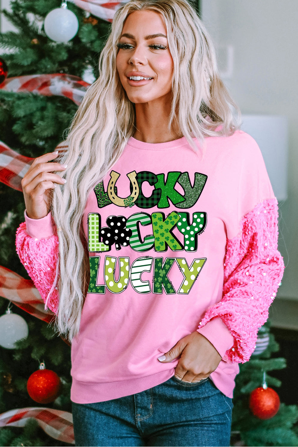St. Patrick's Day Sequin Patchwork Long Sleeve Pullover Top