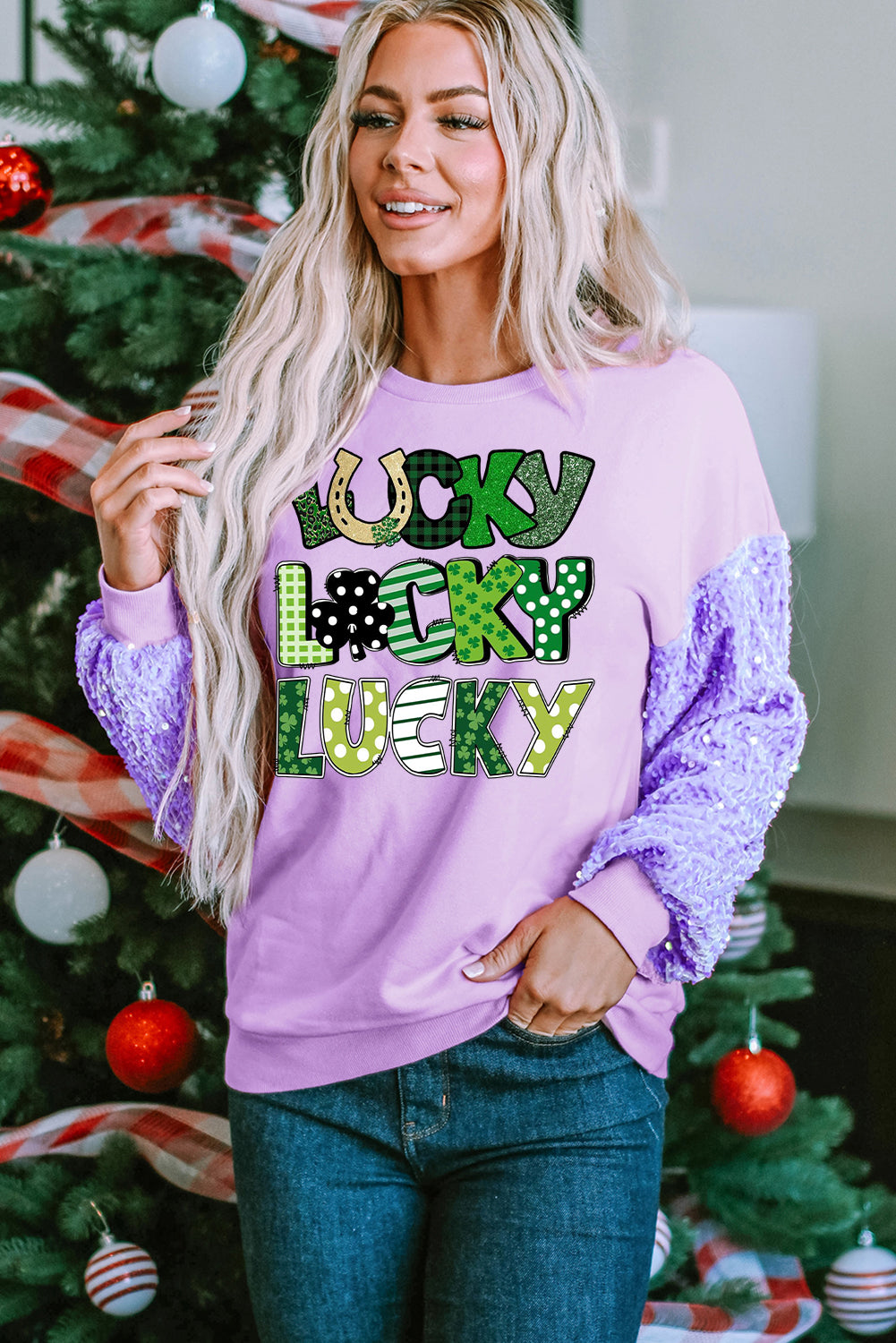 St. Patrick's Day Sequin Patchwork Long Sleeve Pullover Top