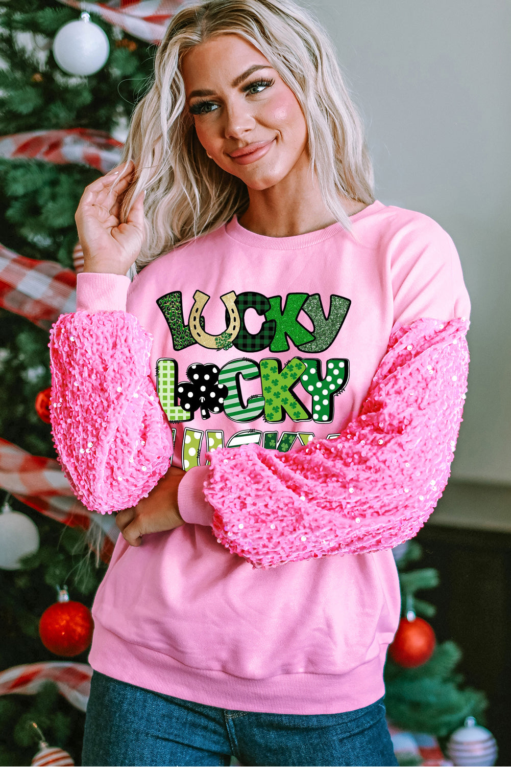 St. Patrick's Day Sequin Patchwork Long Sleeve Pullover Top