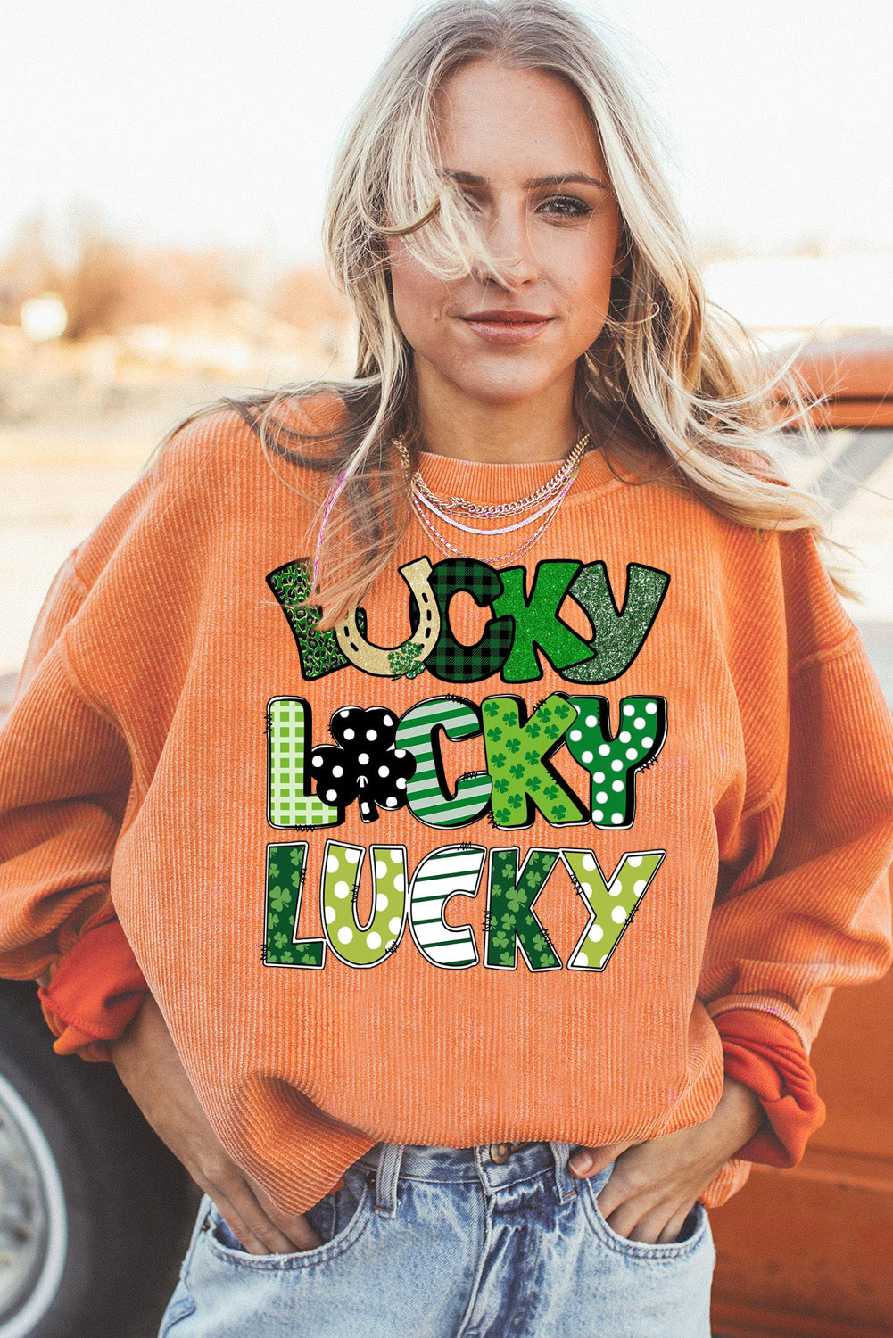 St. Patrick's Day Lucky Clover Ribbed Corduroy Oversized Sweatshirt