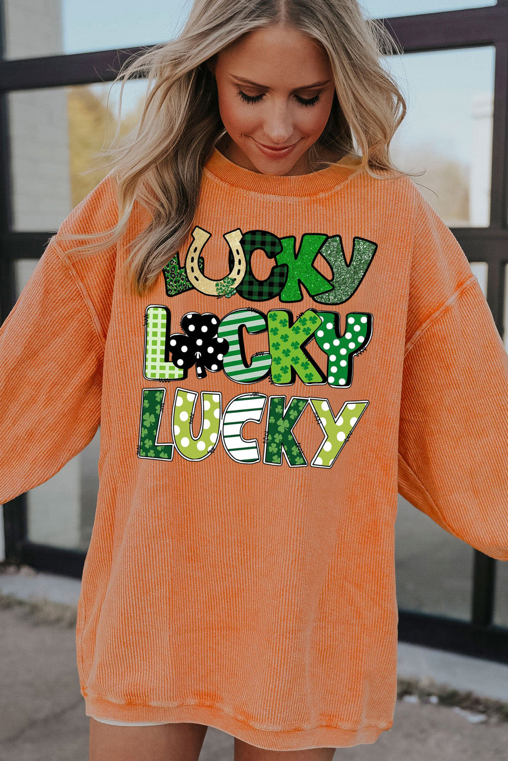 St. Patrick's Day Lucky Clover Ribbed Corduroy Oversized Sweatshirt