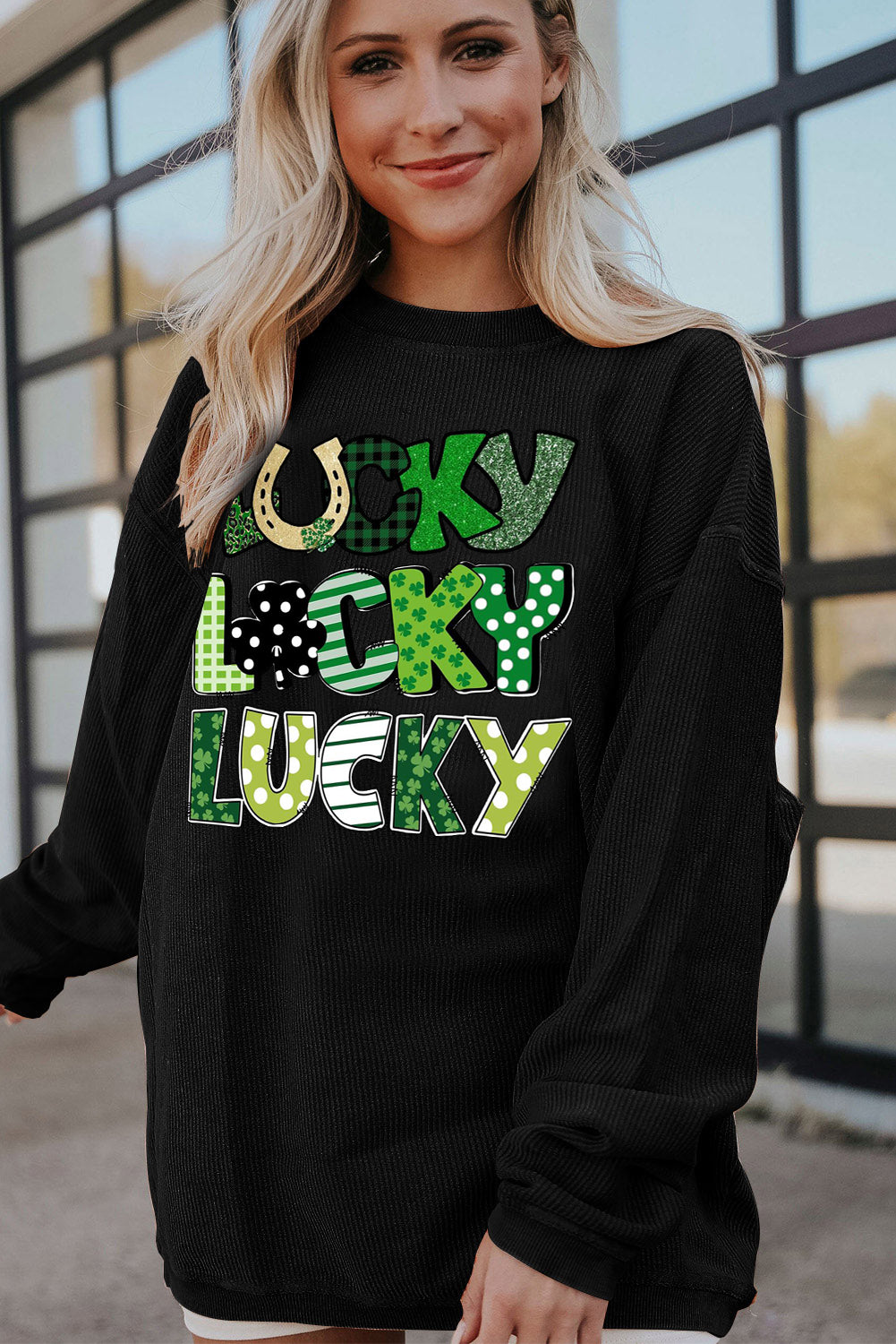 St. Patrick's Day Lucky Clover Ribbed Corduroy Oversized Sweatshirt