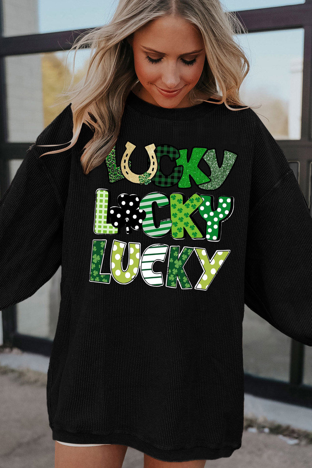 St. Patrick's Day Lucky Clover Ribbed Corduroy Oversized Sweatshirt